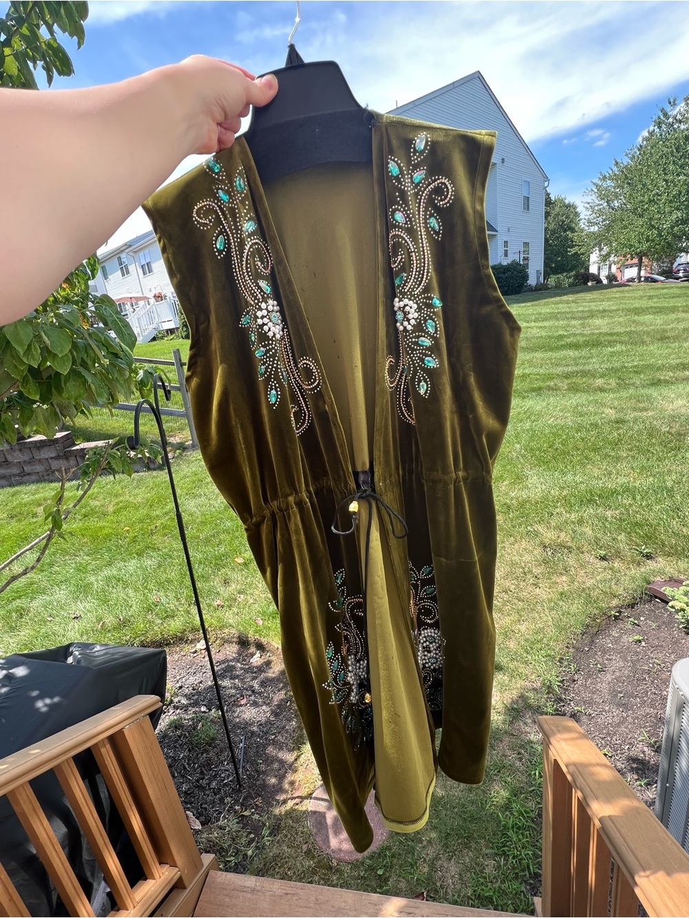 Olive Green Jeweled Velvet Accessory with Turquoise and Pearl Accents